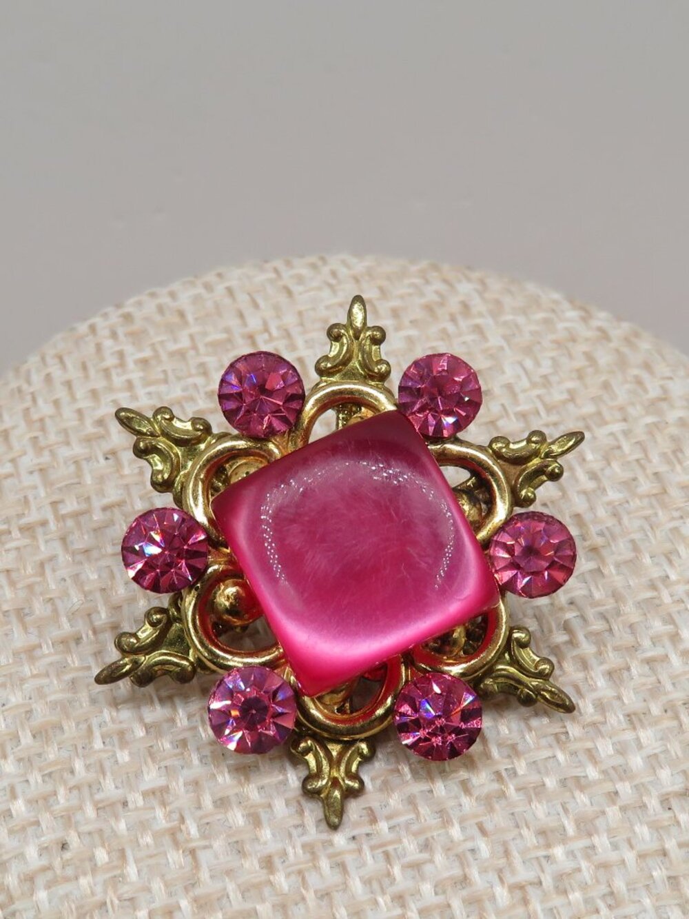 Vintage Floral Pink Rhinestone Gold Tone Brooch Pin